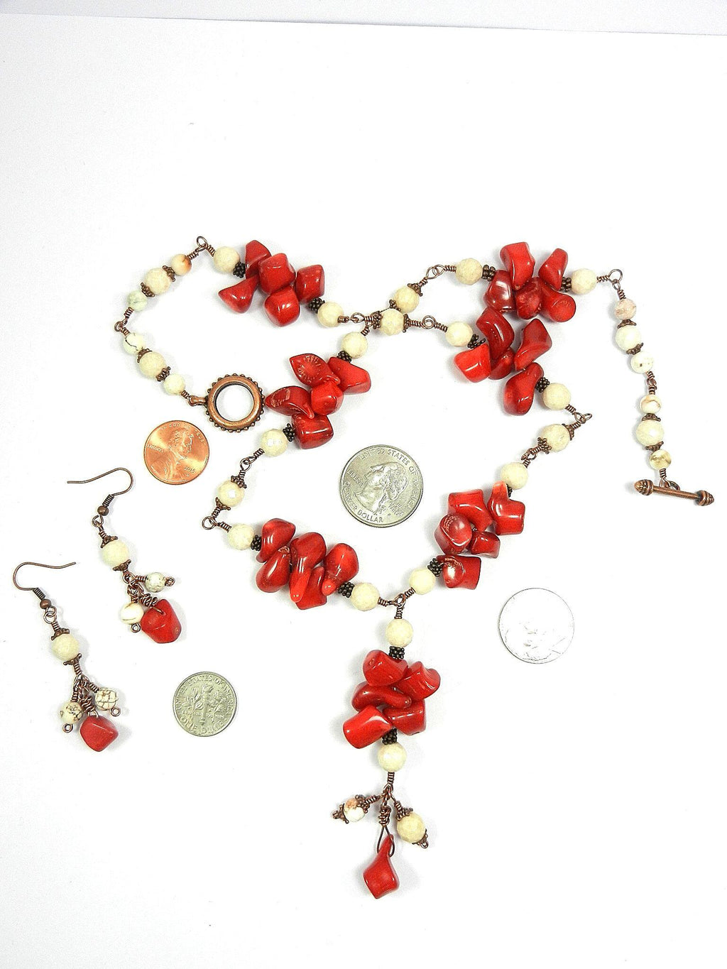Copper Wire Wrapped Red Bamboo Coral with White Jasper and Turquoise Necklace with Matching Earrings