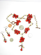 Copper Wire Wrapped Red Bamboo Coral with White Jasper and Turquoise Necklace with Matching Earrings