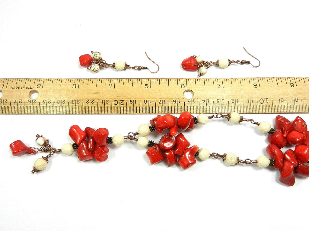 Copper Wire Wrapped Red Bamboo Coral with White Jasper and Turquoise Necklace with Matching Earrings