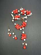 Copper Wire Wrapped Red Bamboo Coral with White Jasper and Turquoise Necklace with Matching Earrings