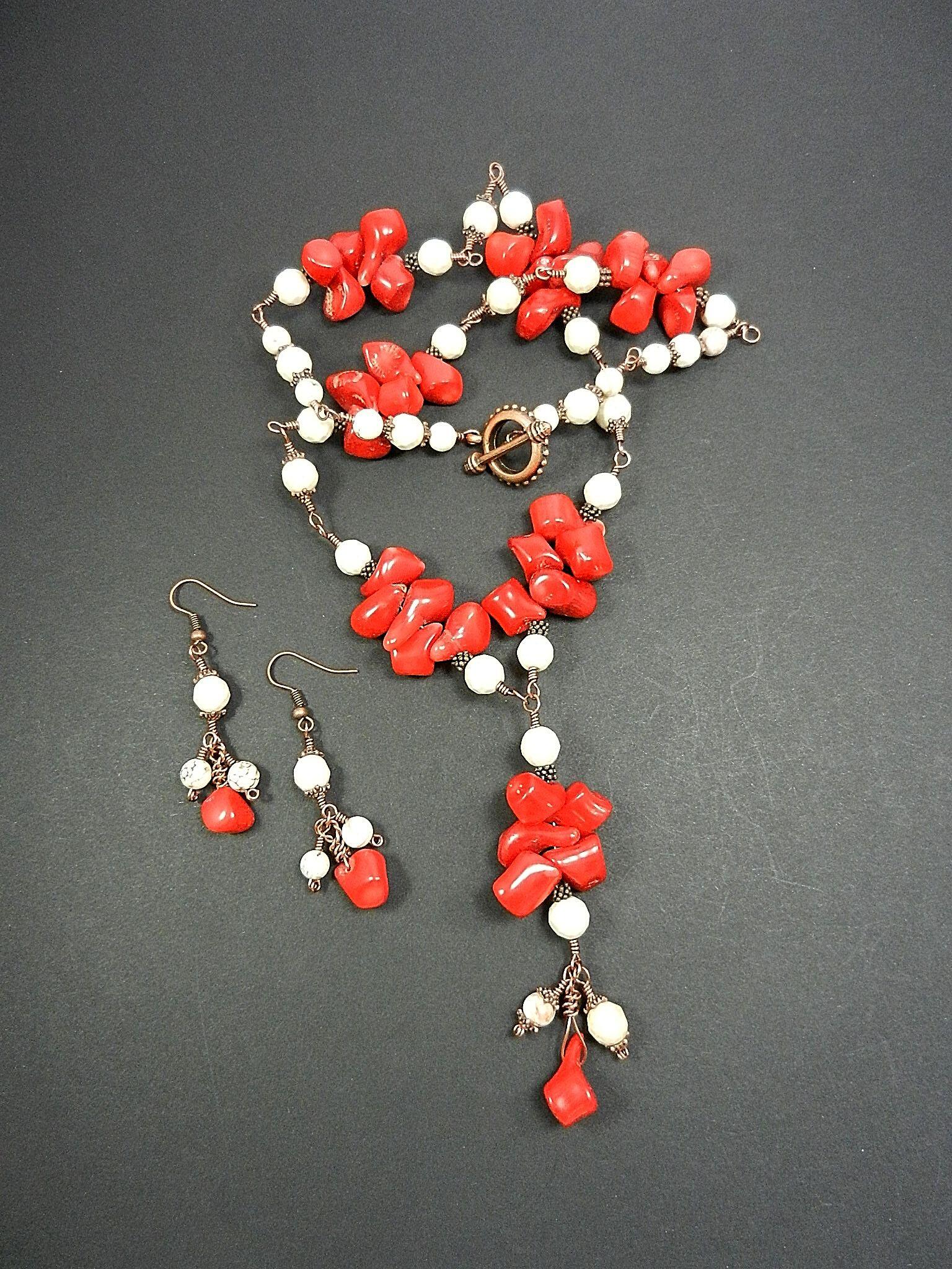 Copper Wire Wrapped Red Bamboo Coral with White Jasper and Turquoise Necklace with Matching Earrings