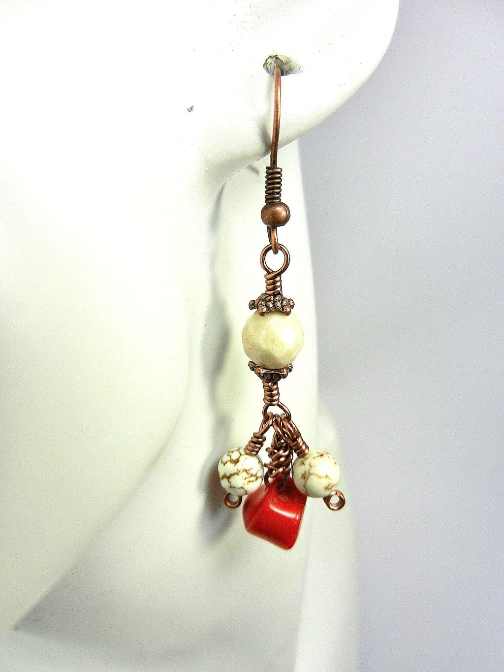 Copper Wire Wrapped Red Bamboo Coral with White Jasper and Turquoise Necklace with Matching Earrings
