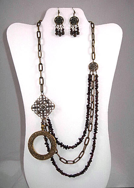 Three Strand Garnet Asymmetrical Necklace and Earrings with a Bronze Pendant
