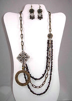 Three Strand Garnet Asymmetrical Necklace and Earrings with a Bronze Pendant