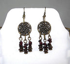 Three Strand Garnet Asymmetrical Necklace and Earrings with a Bronze Pendant
