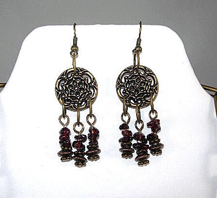 Three Strand Garnet Asymmetrical Necklace and Earrings with a Bronze Pendant