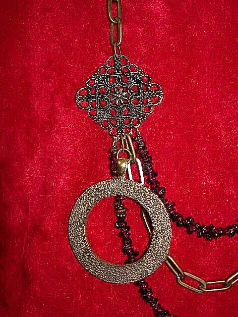 Three Strand Garnet Asymmetrical Necklace and Earrings with a Bronze Pendant