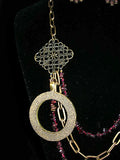 Three Strand Garnet Asymmetrical Necklace and Earrings with a Bronze Pendant