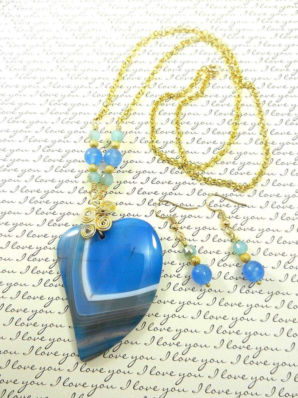 Blue Banded Agate Heart Necklace with Gold Wire Wrapping and Matching Earrings