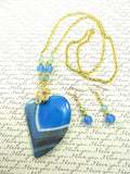 Blue Banded Agate Heart Necklace with Gold Wire Wrapping and Matching Earrings
