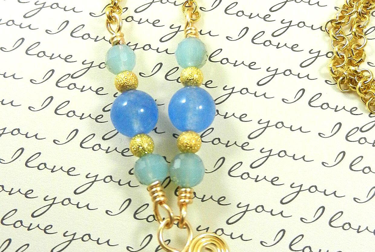 Blue Banded Agate Heart Necklace with Gold Wire Wrapping and Matching Earrings