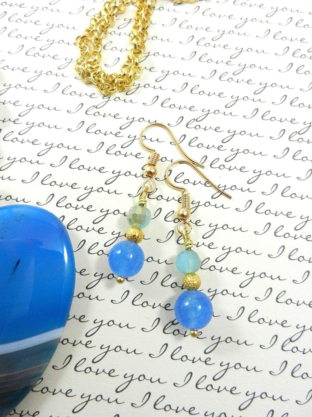 Blue Banded Agate Heart Necklace with Gold Wire Wrapping and Matching Earrings