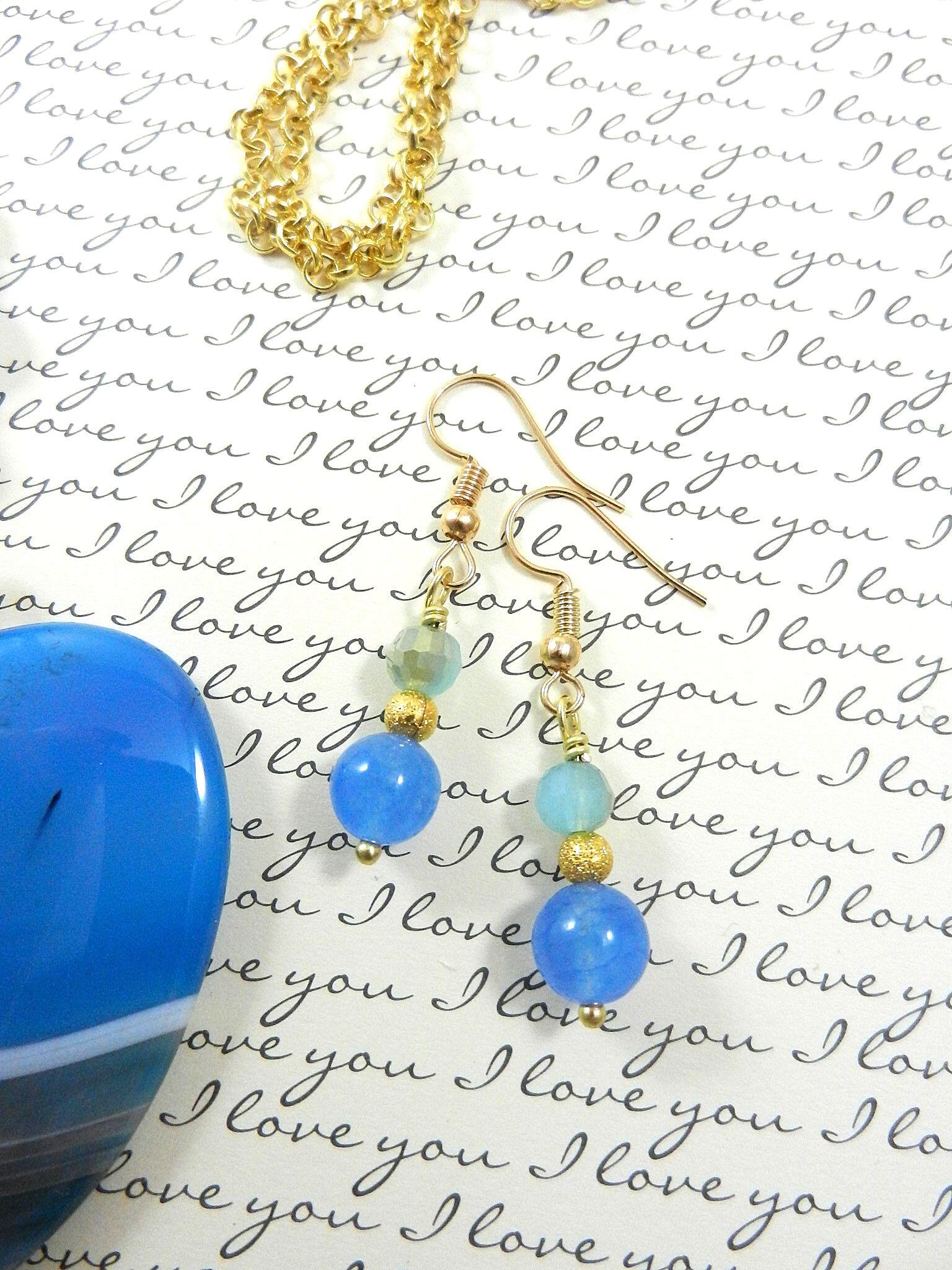 Blue Banded Agate Heart Necklace with Gold Wire Wrapping and Matching Earrings