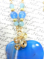 Blue Banded Agate Heart Necklace with Gold Wire Wrapping and Matching Earrings