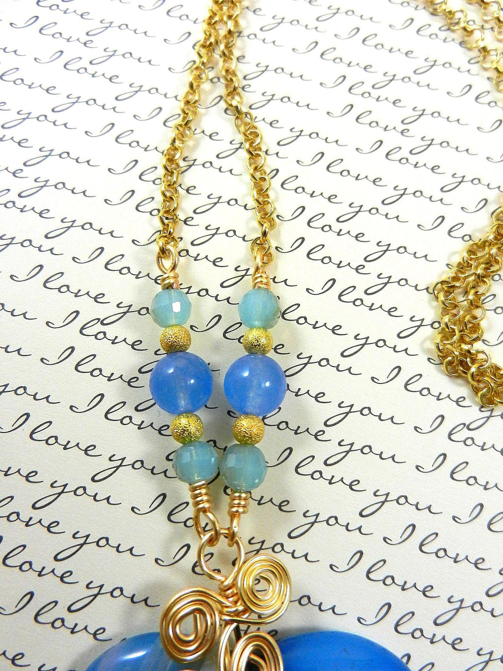 Blue Banded Agate Heart Necklace with Gold Wire Wrapping and Matching Earrings