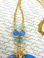 Blue Banded Agate Heart Necklace with Gold Wire Wrapping and Matching Earrings