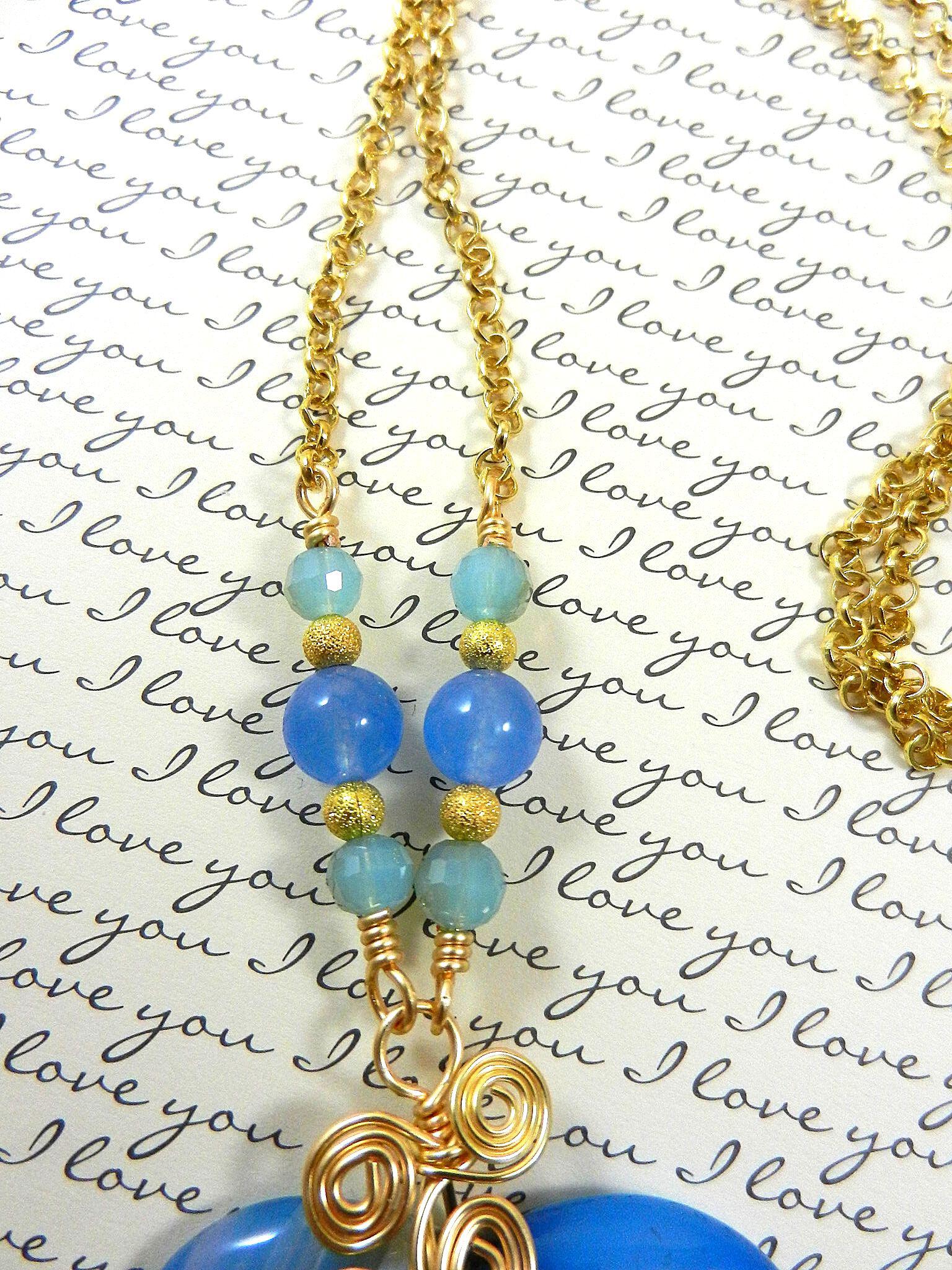 Blue Banded Agate Heart Necklace with Gold Wire Wrapping and Matching Earrings