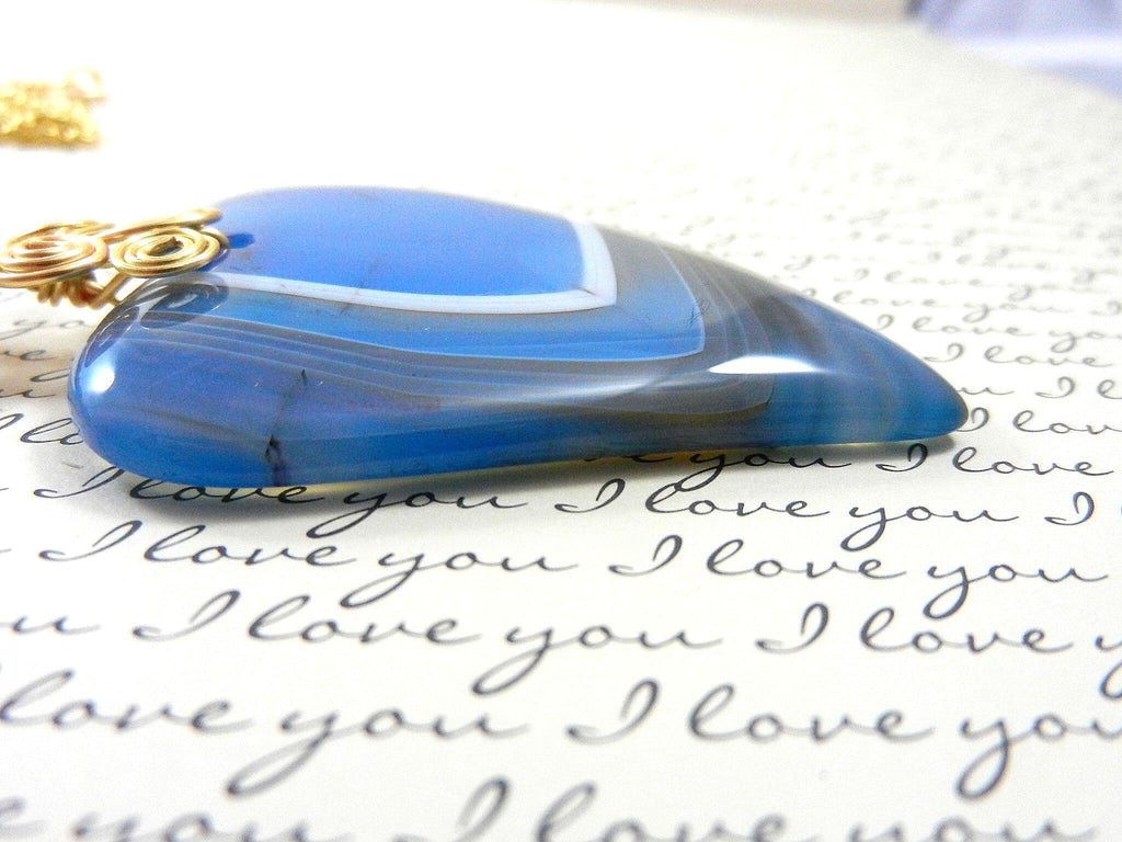 Blue Banded Agate Heart Necklace with Gold Wire Wrapping and Matching Earrings