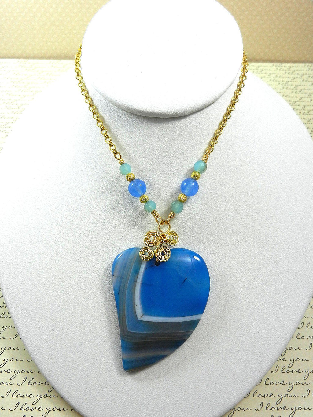 Blue Banded Agate Heart Necklace with Gold Wire Wrapping and Matching Earrings