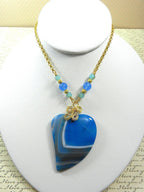 Blue Banded Agate Heart Necklace with Gold Wire Wrapping and Matching Earrings