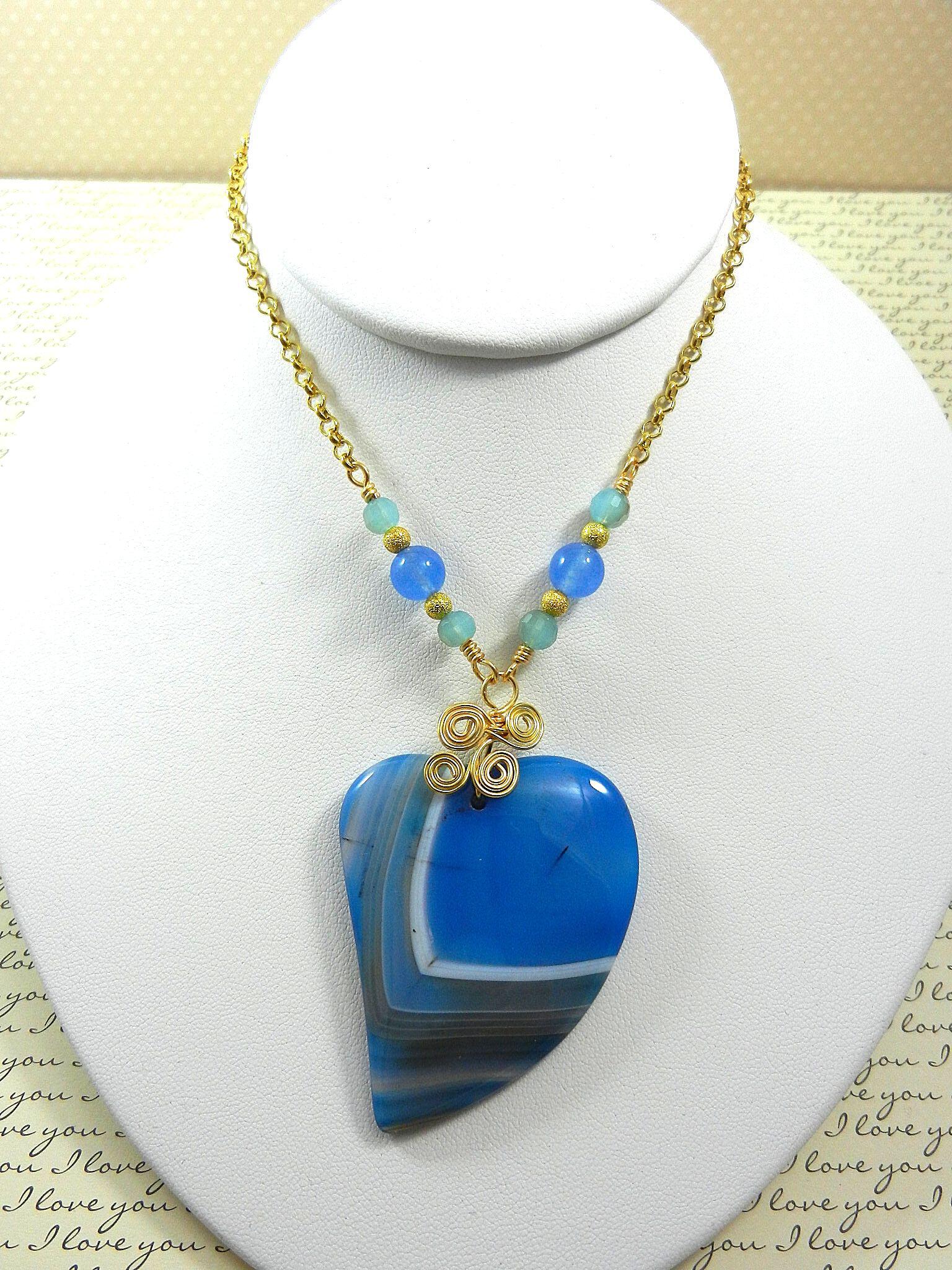 Blue Banded Agate Heart Necklace with Gold Wire Wrapping and Matching Earrings