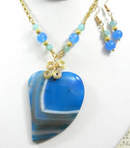 Blue Banded Agate Heart Necklace with Gold Wire Wrapping and Matching Earrings