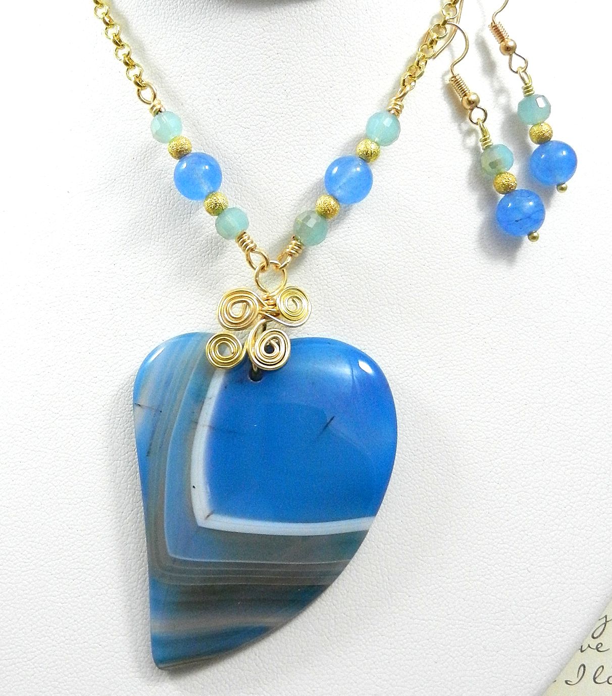 Blue Banded Agate Heart Necklace with Gold Wire Wrapping and Matching Earrings