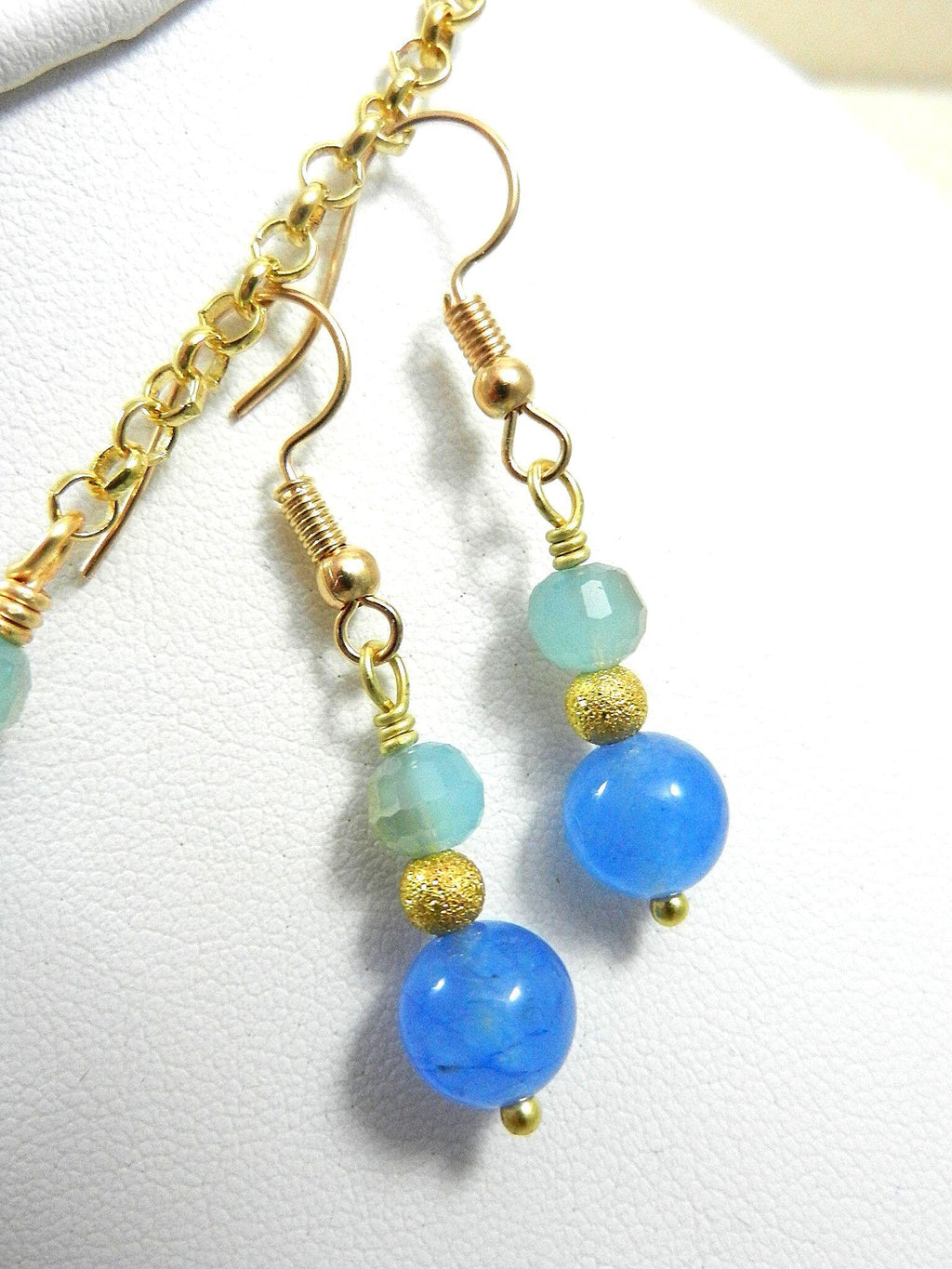 Blue Banded Agate Heart Necklace with Gold Wire Wrapping and Matching Earrings