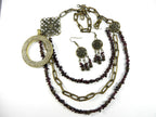 Three Strand Garnet Asymmetrical Necklace and Earrings with a Bronze Pendant