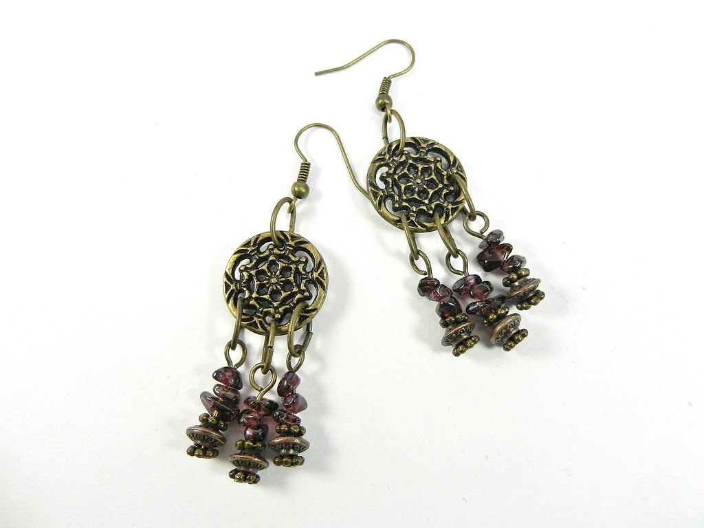 Three Strand Garnet Asymmetrical Necklace and Earrings with a Bronze Pendant