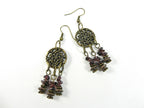 Three Strand Garnet Asymmetrical Necklace and Earrings with a Bronze Pendant
