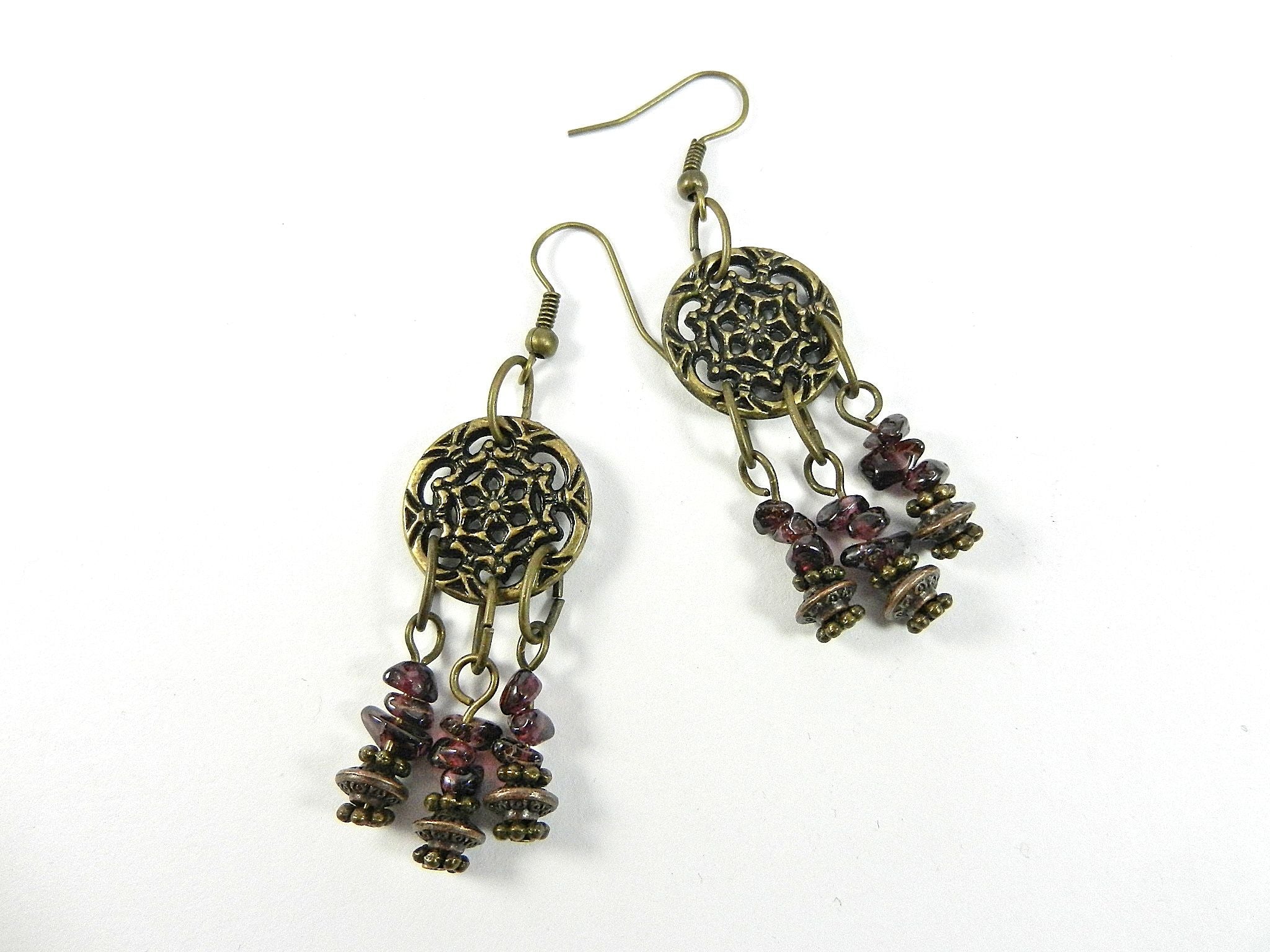 Three Strand Garnet Asymmetrical Necklace and Earrings with a Bronze Pendant