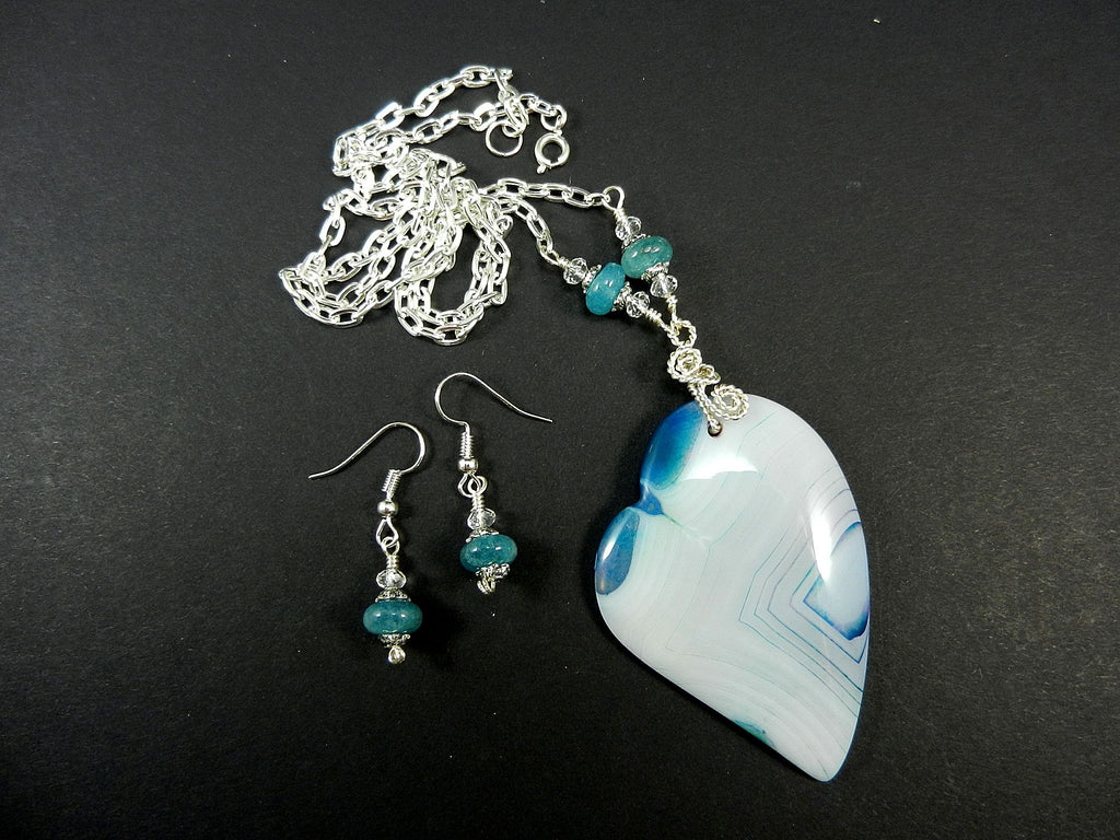 White and Blue Banded Agate Heart Silver Wire Wrapped with Matching Aquamarine Earrings