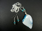 White and Blue Banded Agate Heart Silver Wire Wrapped with Matching Aquamarine Earrings