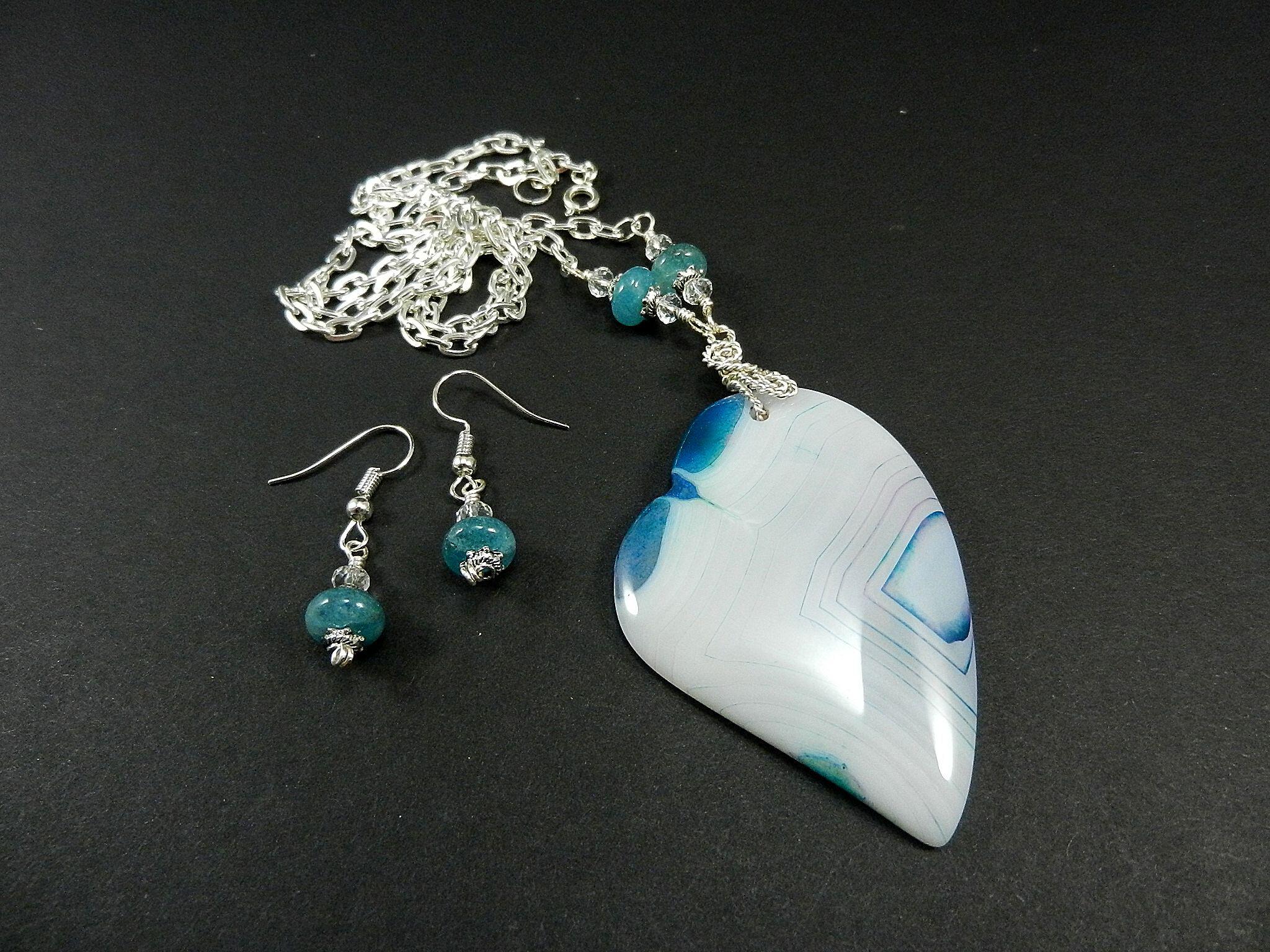 White and Blue Banded Agate Heart Silver Wire Wrapped with Matching Aquamarine Earrings