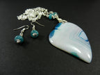 White and Blue Banded Agate Heart Silver Wire Wrapped with Matching Aquamarine Earrings