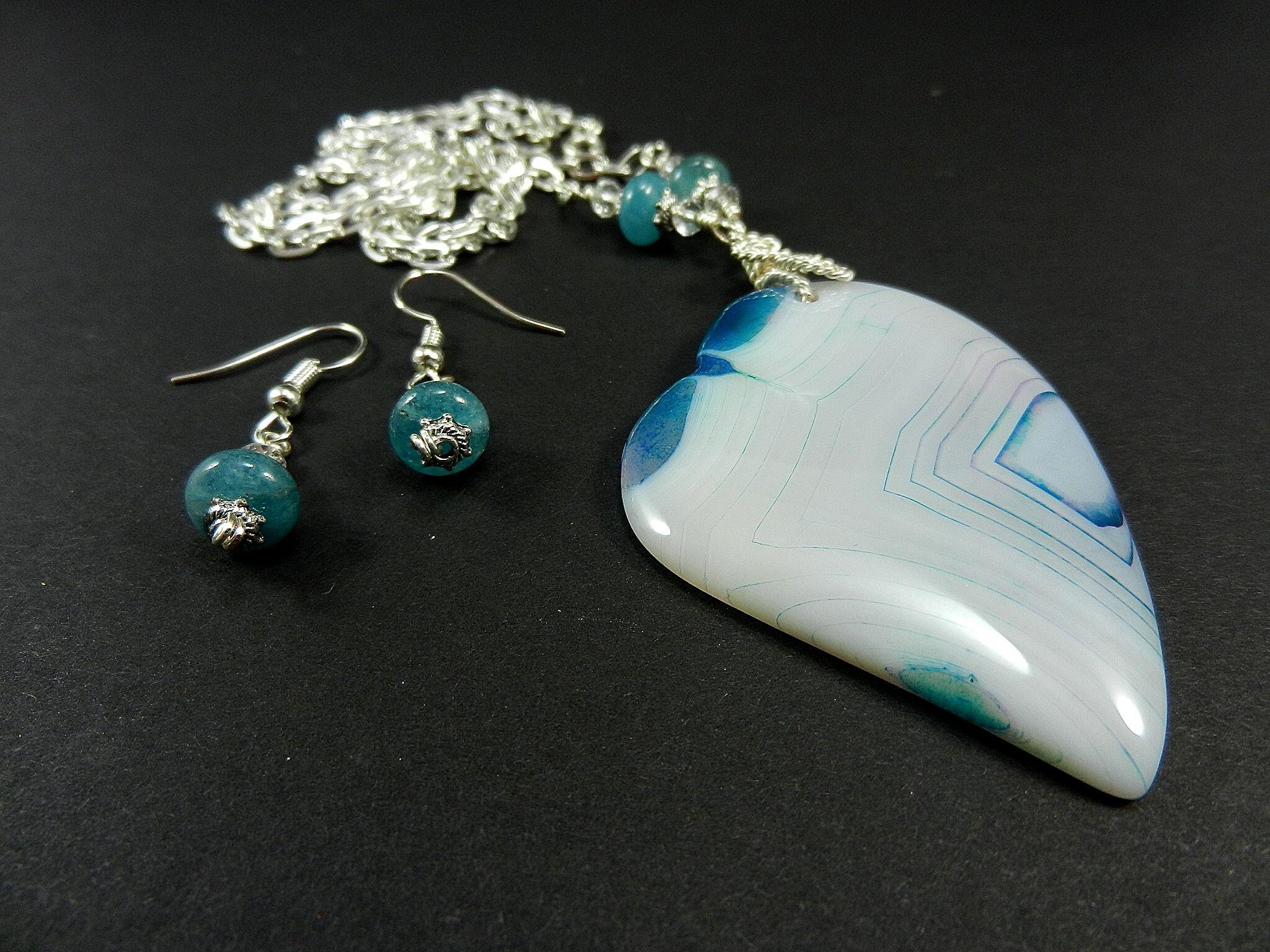 White and Blue Banded Agate Heart Silver Wire Wrapped with Matching Aquamarine Earrings
