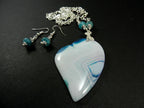 White and Blue Banded Agate Heart Silver Wire Wrapped with Matching Aquamarine Earrings