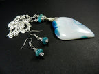 White and Blue Banded Agate Heart Silver Wire Wrapped with Matching Aquamarine Earrings