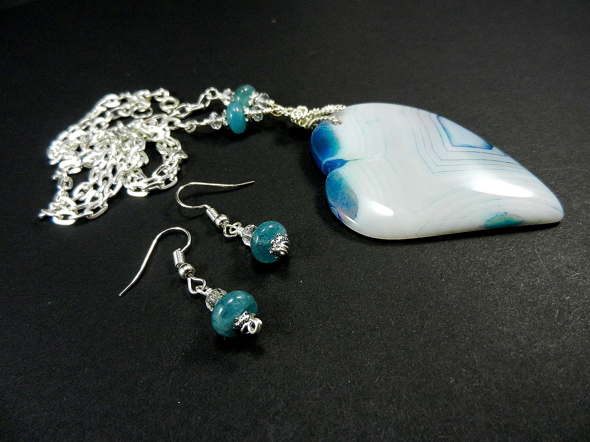 White and Blue Banded Agate Heart Silver Wire Wrapped with Matching Aquamarine Earrings