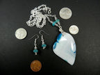 White and Blue Banded Agate Heart Silver Wire Wrapped with Matching Aquamarine Earrings