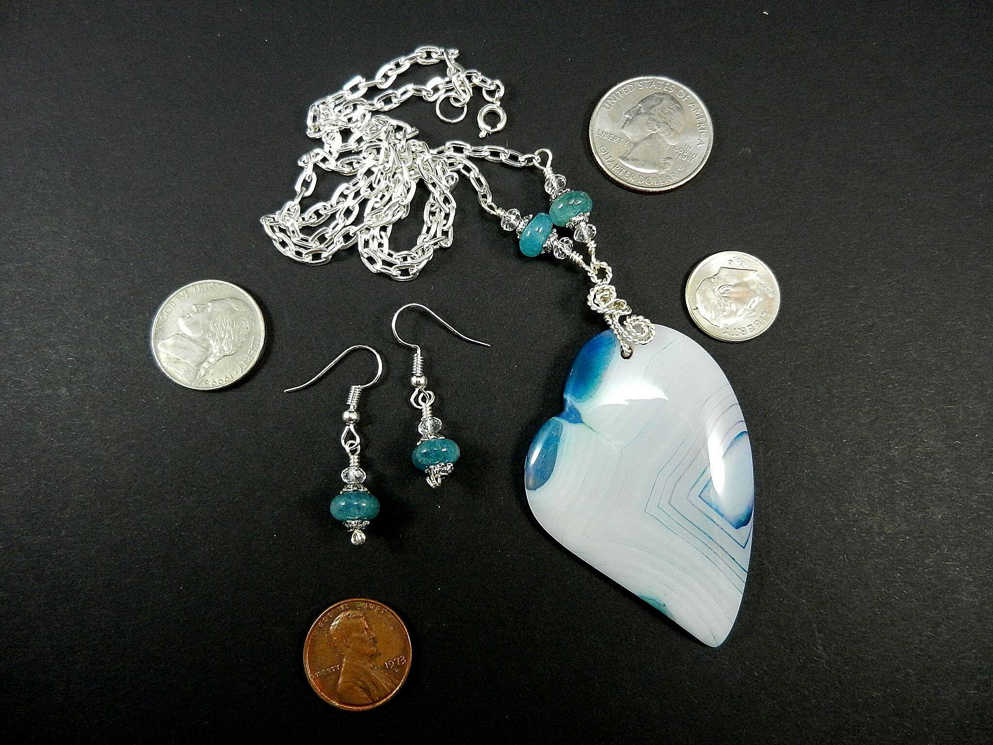 White and Blue Banded Agate Heart Silver Wire Wrapped with Matching Aquamarine Earrings