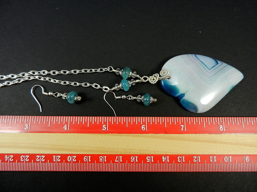 White and Blue Banded Agate Heart Silver Wire Wrapped with Matching Aquamarine Earrings