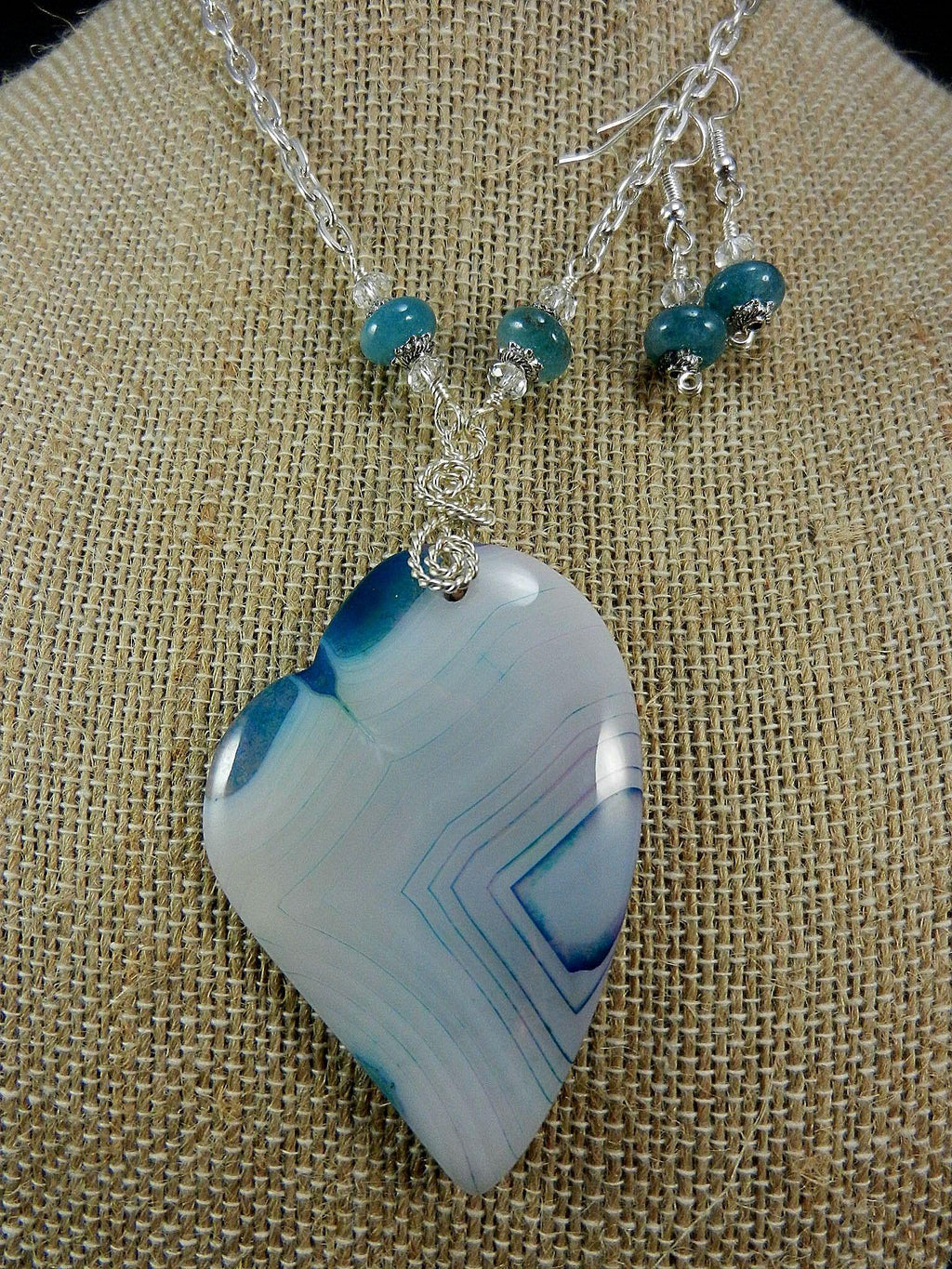 White and Blue Banded Agate Heart Silver Wire Wrapped with Matching Aquamarine Earrings