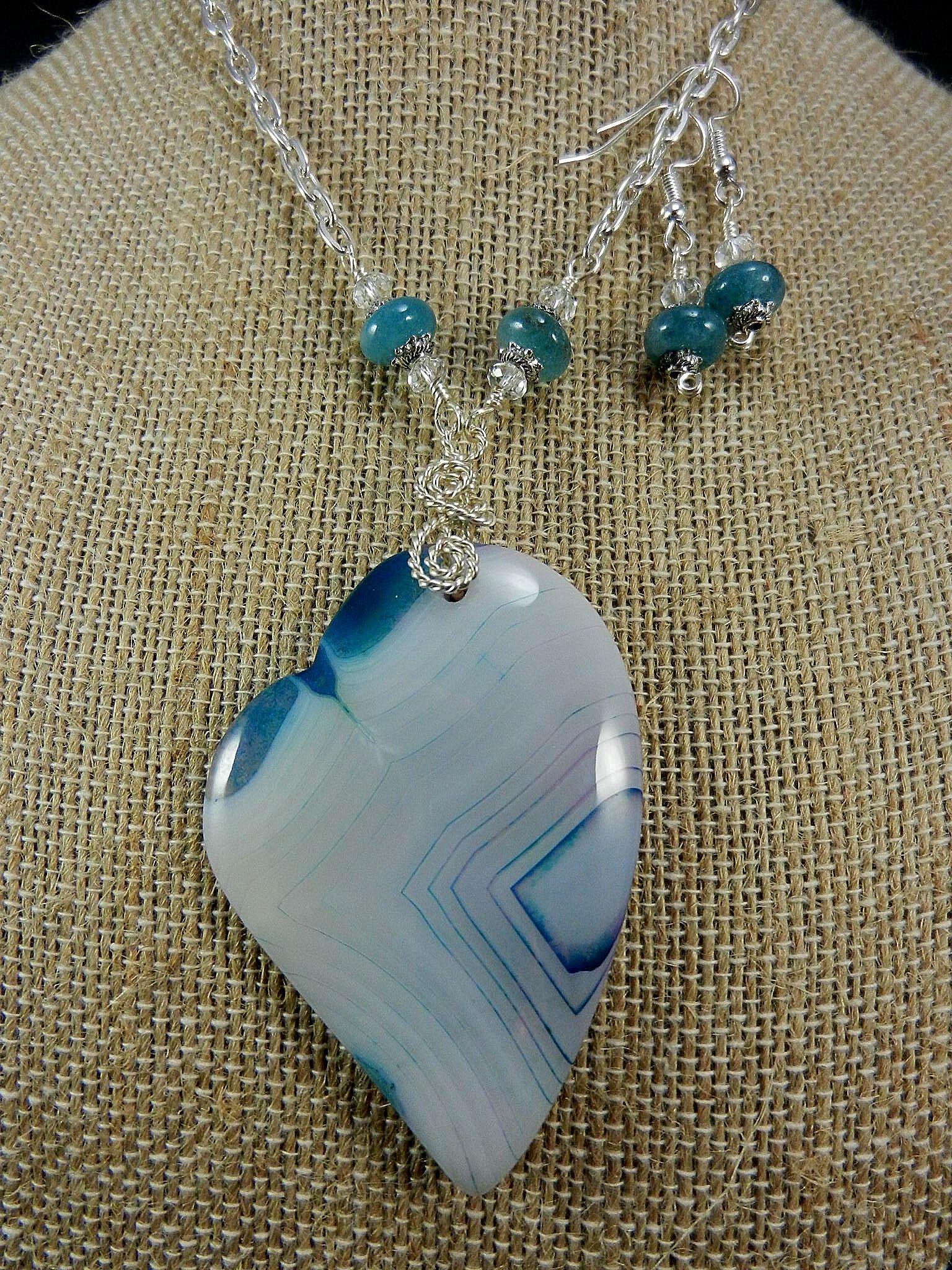 White and Blue Banded Agate Heart Silver Wire Wrapped with Matching Aquamarine Earrings