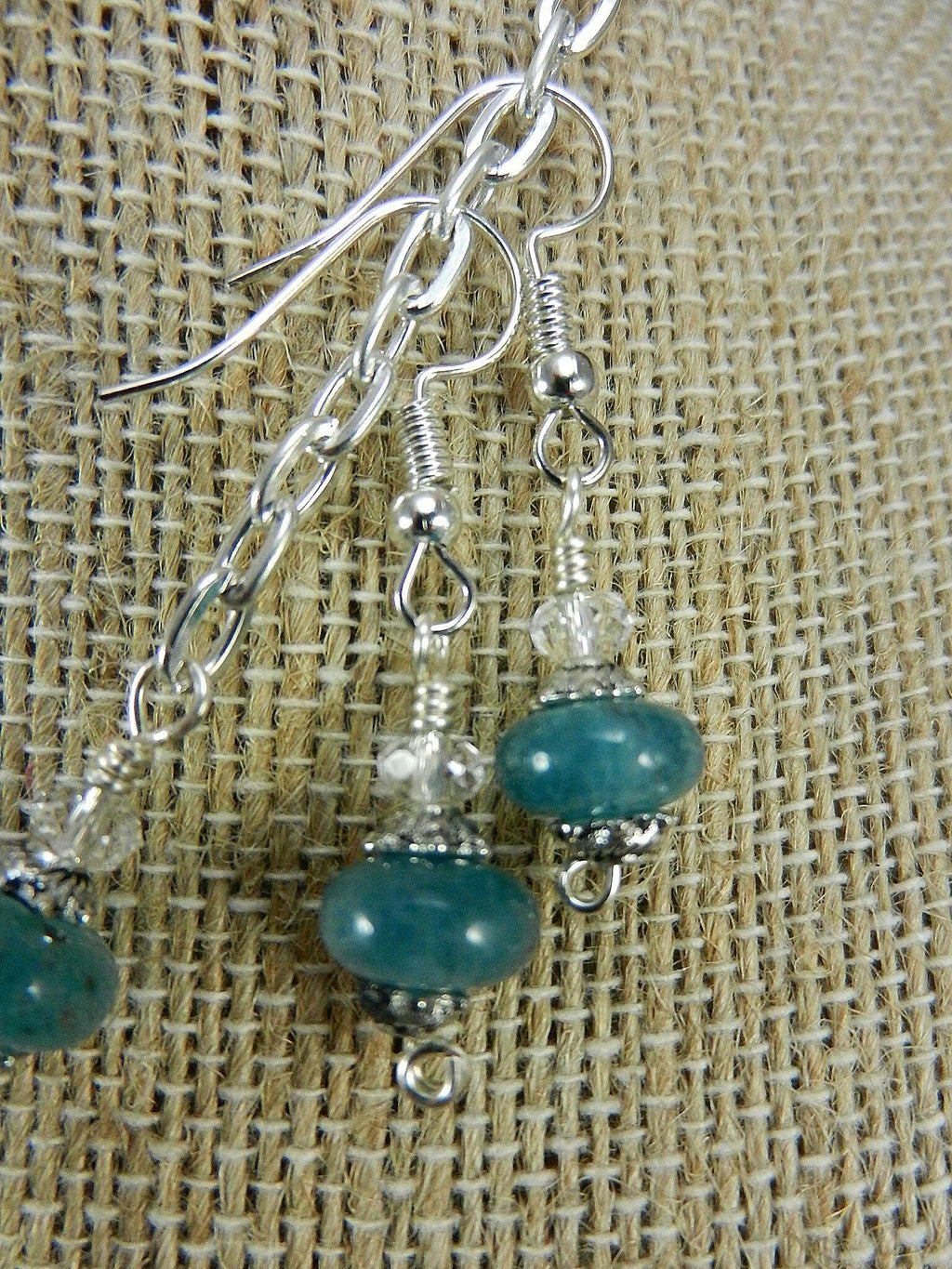 White and Blue Banded Agate Heart Silver Wire Wrapped with Matching Aquamarine Earrings