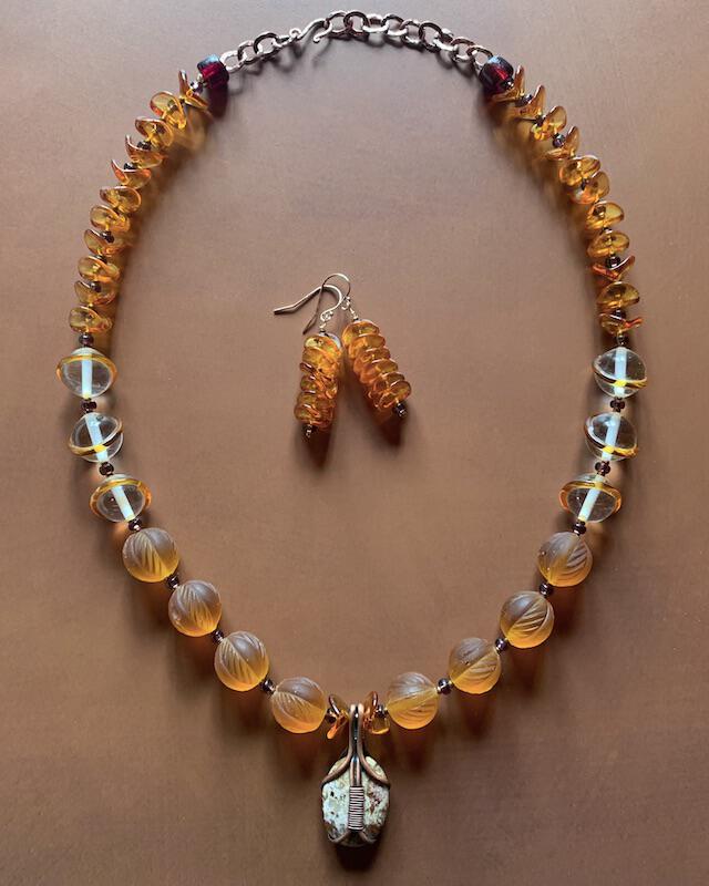 Necklace set | Wire-wrapped agate pendant, 1930s Czech honey amber molded glass rounds, vintage clear amber-reigned rounds, Czech nesting folded disks