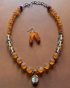 Necklace set | Wire-wrapped agate pendant, 1930s Czech honey amber molded glass rounds, vintage clear amber-reigned rounds, Czech nesting folded disks
