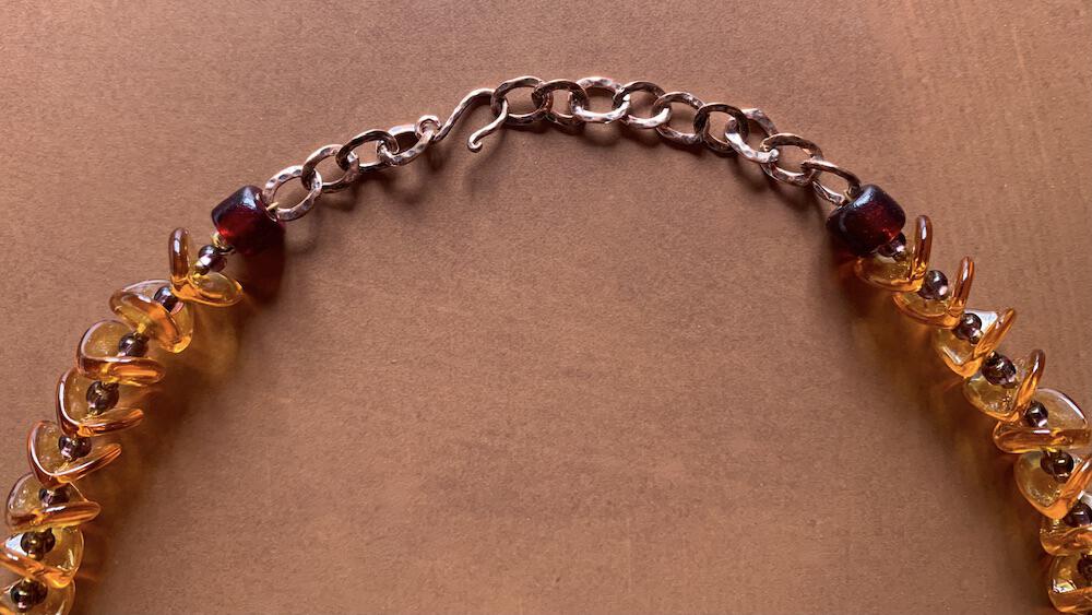 Necklace set | Wire-wrapped agate pendant, 1930s Czech honey amber molded glass rounds, vintage clear amber-reigned rounds, Czech nesting folded disks