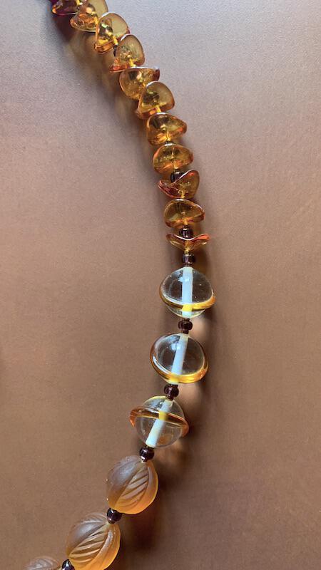 Necklace set | Wire-wrapped agate pendant, 1930s Czech honey amber molded glass rounds, vintage clear amber-reigned rounds, Czech nesting folded disks